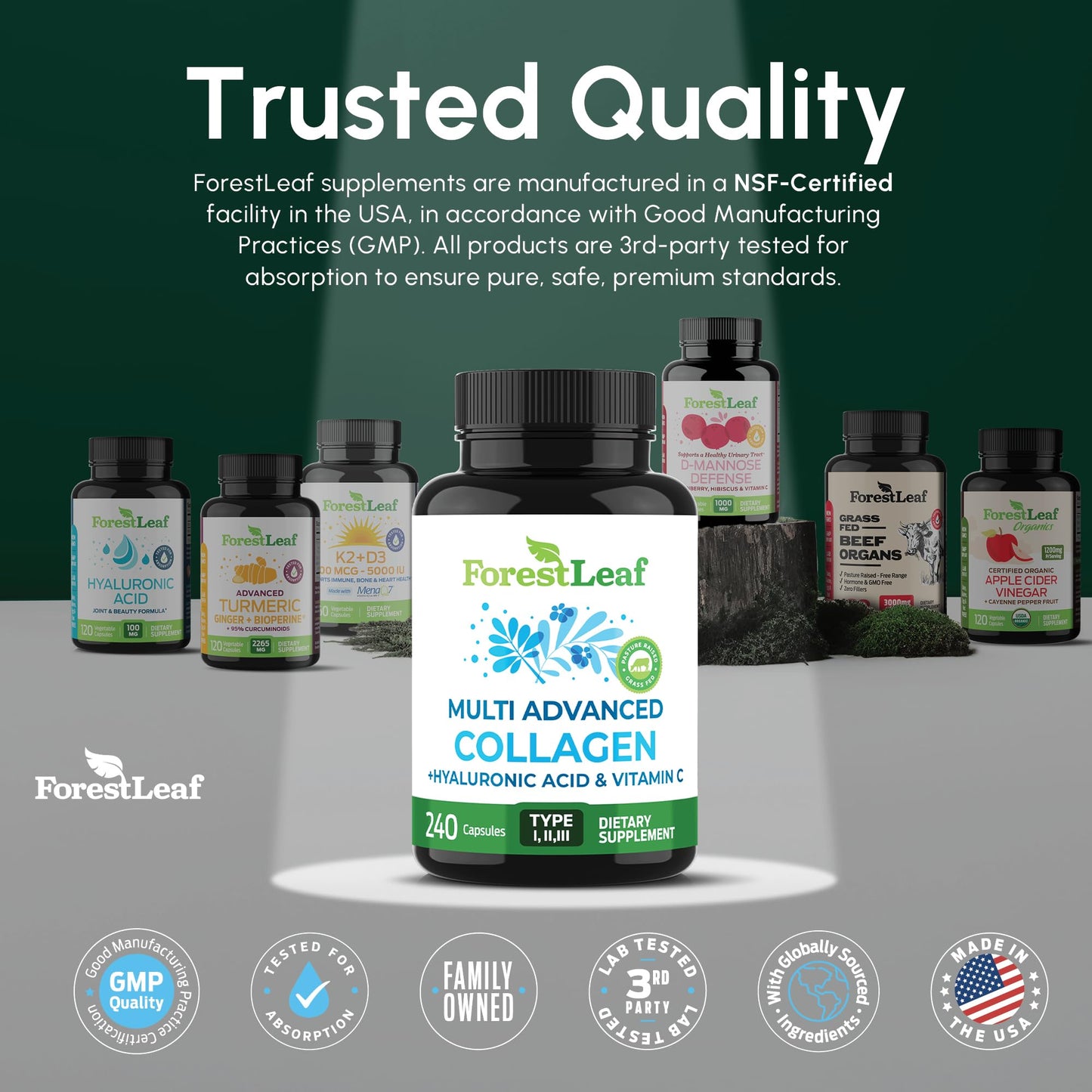 ForestLeaf Multi Collagen Pills — Hydrolyzed Collagen with Vitamin C & Hyaluronic Acid (240 Capsules)