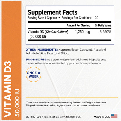 ForestLeaf Vitamin D3 50,000 IU – Weekly High Potency D3 (2-Year Supply)