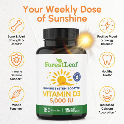 ForestLeaf Vitamin D3 5000 IU - 180 Count | Immune, Bone & Teeth Support