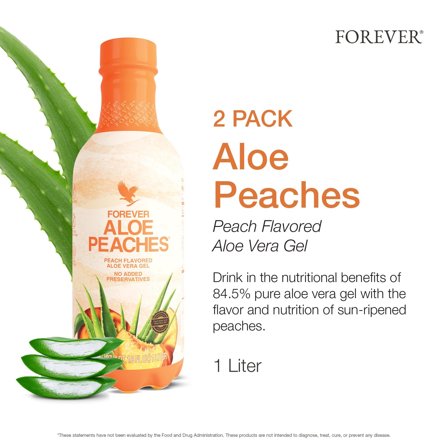 Forever Living - Aloe Peaches - Pure Aloe with Real Peach Flavor - Supports Digestion and Immunity - Vegan and Gluten-Free - 33.8 fl oz (2-Pack)