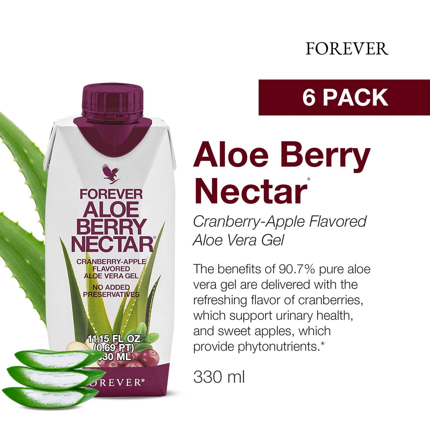 Forever Living Aloe Berry Nectar – 90.7% Pure Aloe Vera + Cranberries & Apples | No Preservatives | 330 ml (Pack of 6)