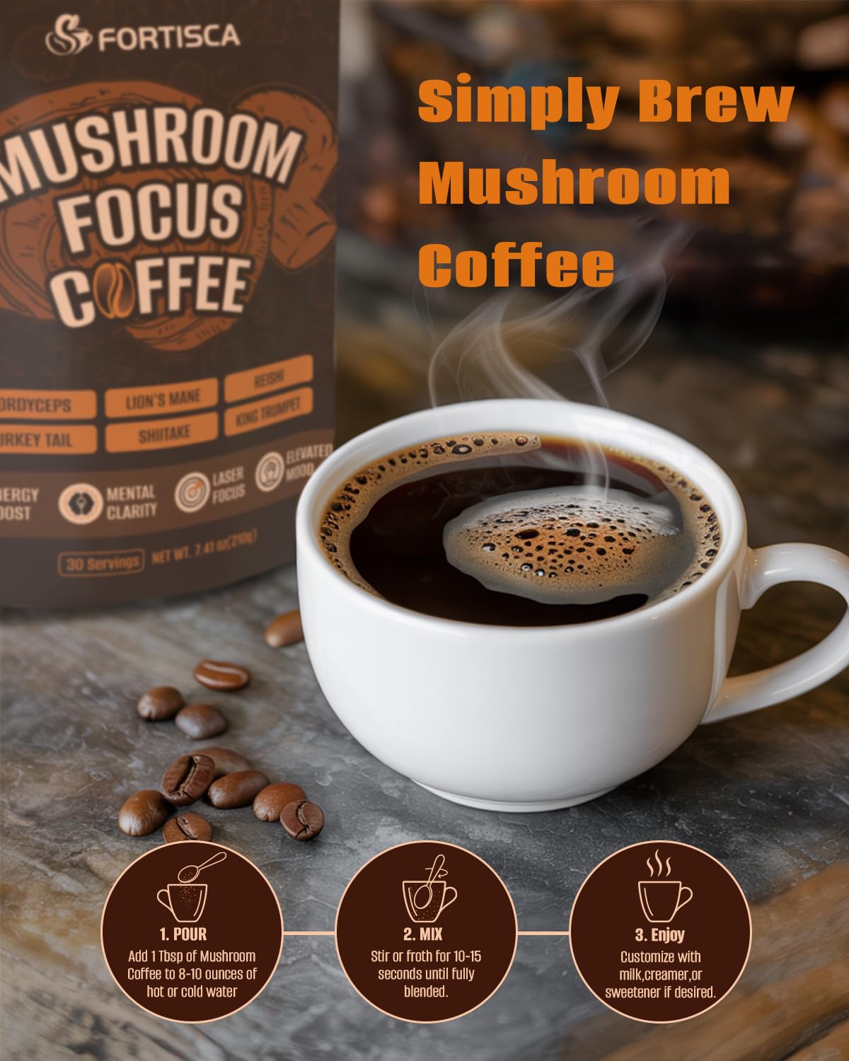 FORTISCA Mushroom Coffee (7.41oz / 210g) – 6-in-1 Instant Coffee with Lion's Mane, Cordyceps, Reishi, Shiitake, Turkey Tail & King Trumpet for Energy, Focus & Immune Support