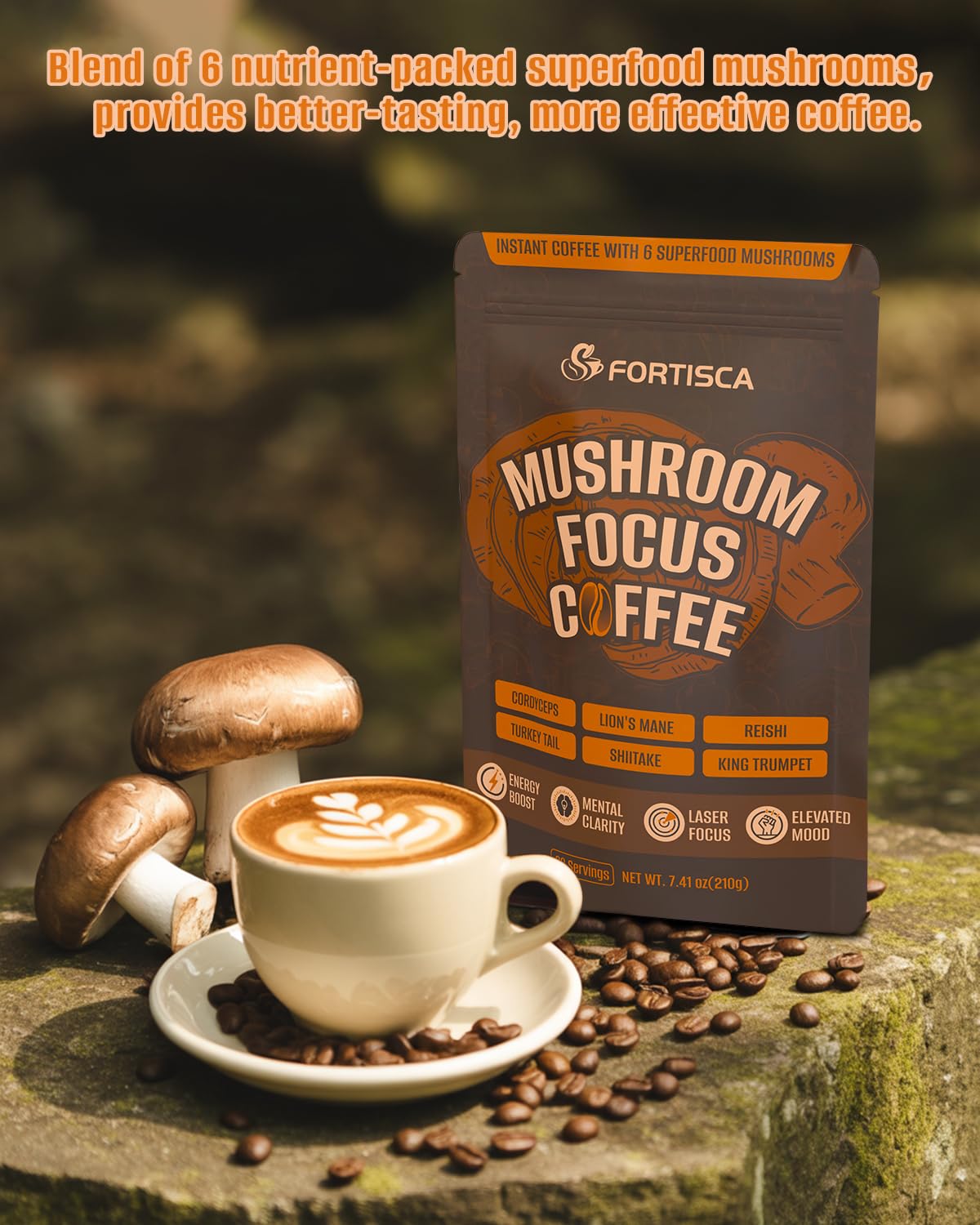 FORTISCA Mushroom Coffee (7.41oz / 210g) – 6-in-1 Instant Coffee with Lion's Mane, Cordyceps, Reishi, Shiitake, Turkey Tail & King Trumpet for Energy, Focus & Immune Support