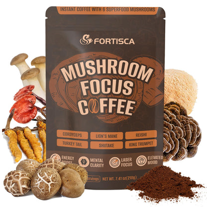 FORTISCA Mushroom Coffee (7.41oz / 210g) – 6-in-1 Instant Coffee with Lion's Mane, Cordyceps, Reishi, Shiitake, Turkey Tail & King Trumpet for Energy, Focus & Immune Support