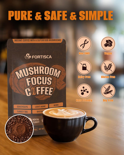 FORTISCA Mushroom Coffee (7.41oz / 210g) – 6-in-1 Instant Coffee with Lion's Mane, Cordyceps, Reishi, Shiitake, Turkey Tail & King Trumpet for Energy, Focus & Immune Support