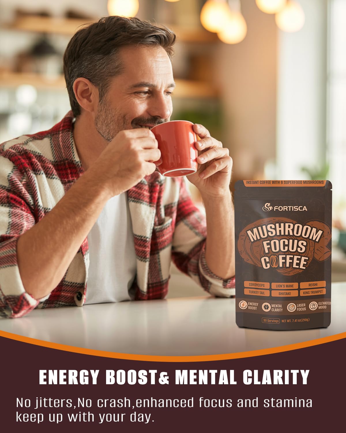 FORTISCA Mushroom Coffee (7.41oz / 210g) – 6-in-1 Instant Coffee with Lion's Mane, Cordyceps, Reishi, Shiitake, Turkey Tail & King Trumpet for Energy, Focus & Immune Support