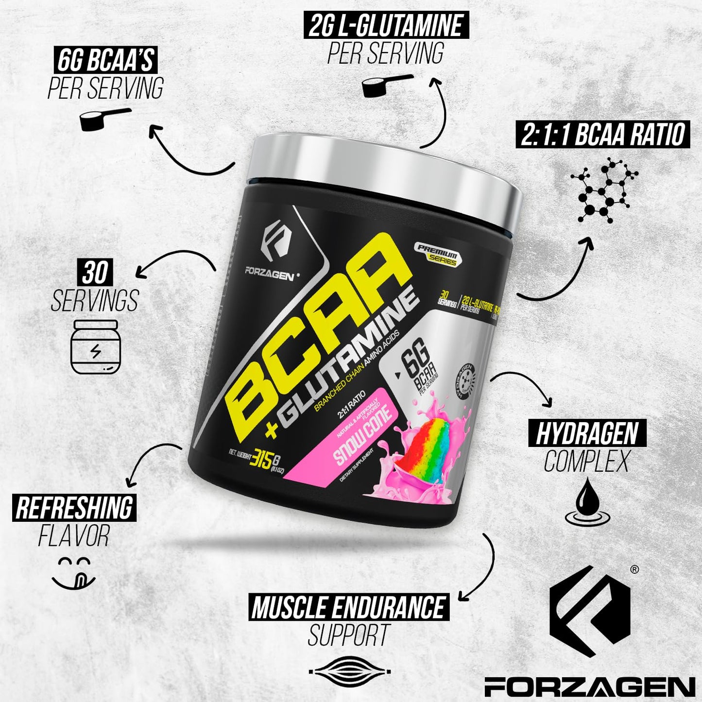 Forzagen BCAAs Amino Acids Powder with Glutamine - BCAA Supplements, 30 Servings
