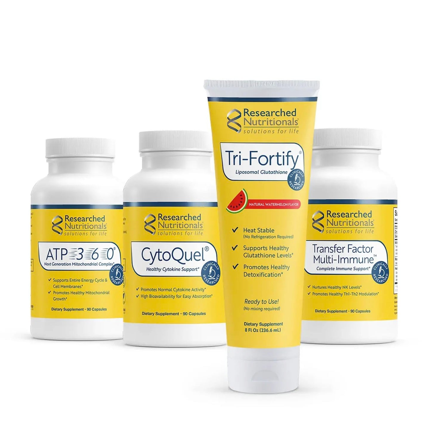 Researched Nutritionals Foundation Kit - Tri-Fortify Liposomal Glutathione (450mg) Watermelon, Transfer-Factor Multi Immune, ATP 360 & CytoQuel to Support Energy, Immunity, Cytokine Response & Detox