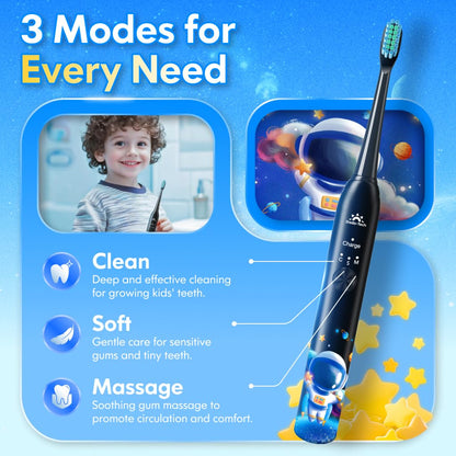 Kids Electric Toothbrush – Rechargeable Sonic Timer, 3 Modes, 4 Heads (Astronaut Black)