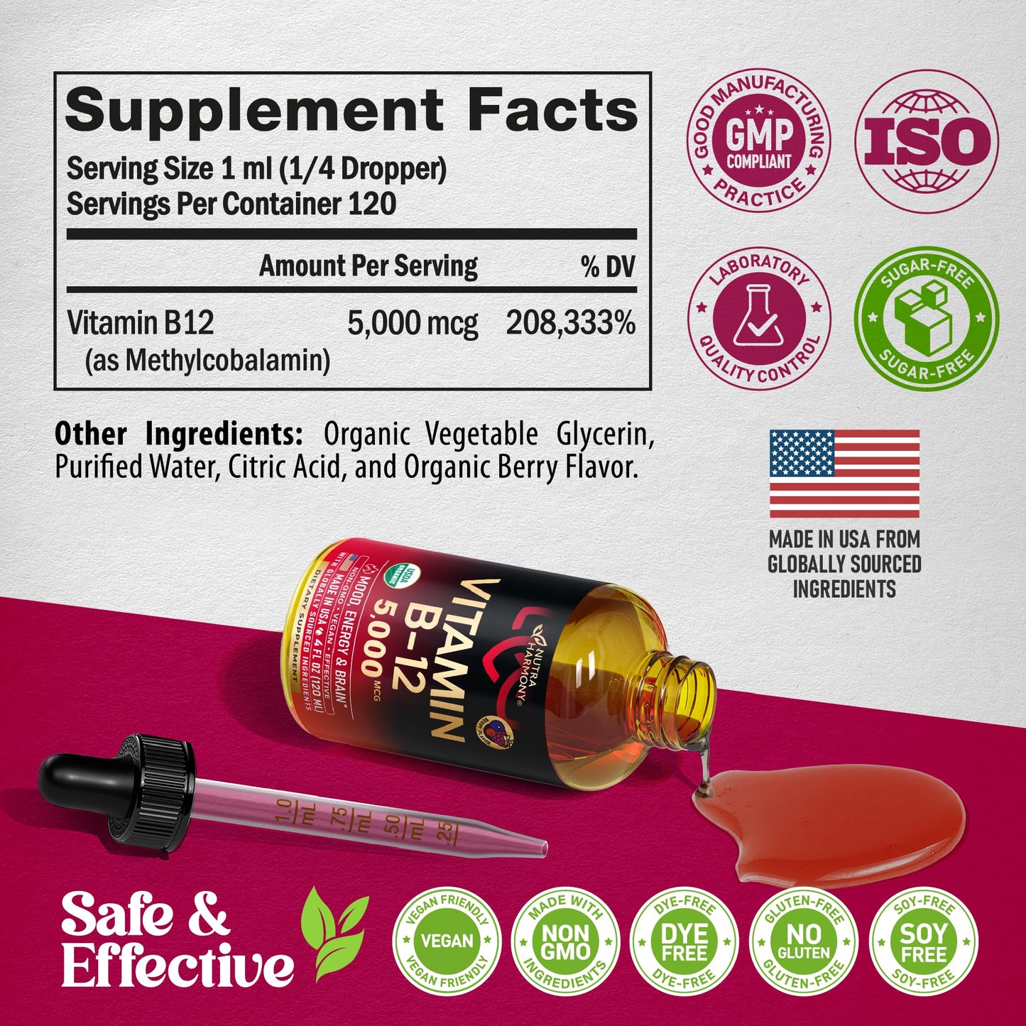 USDA Organic Vitamin B12 Sublingual Drops – 5000 mcg, 4 oz, 4 Month Supply