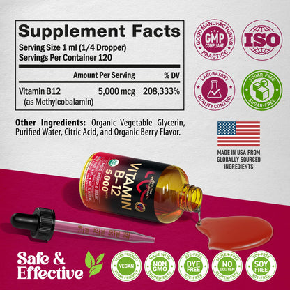 USDA Organic Vitamin B12 Sublingual Drops – 5000 mcg, 4 oz, 4 Month Supply