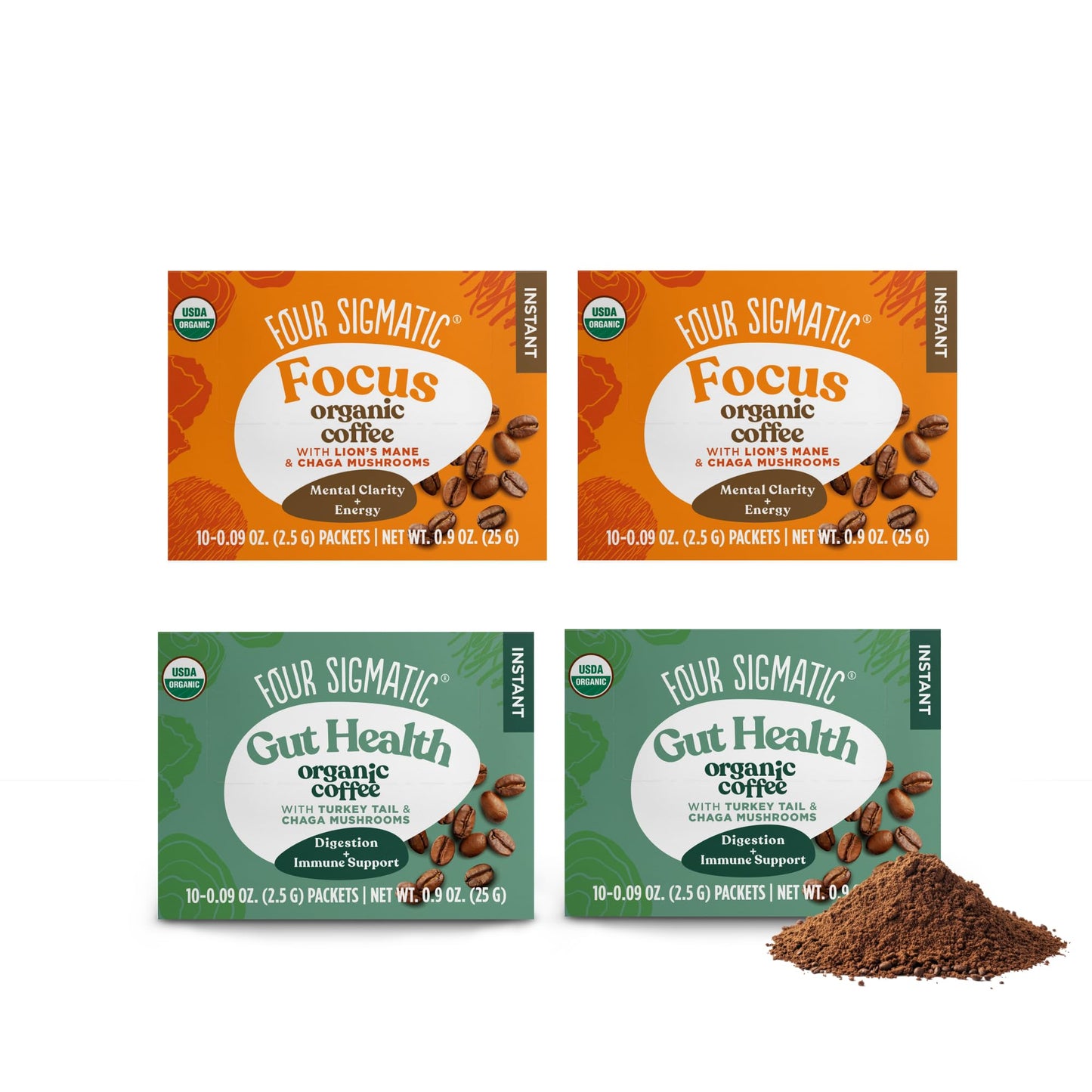 Four Sigmatic Mushroom Coffee Mix Pack of 4 - Lion's Mane and Chaga, Cordyceps and Chaga (10 Packets per Box)