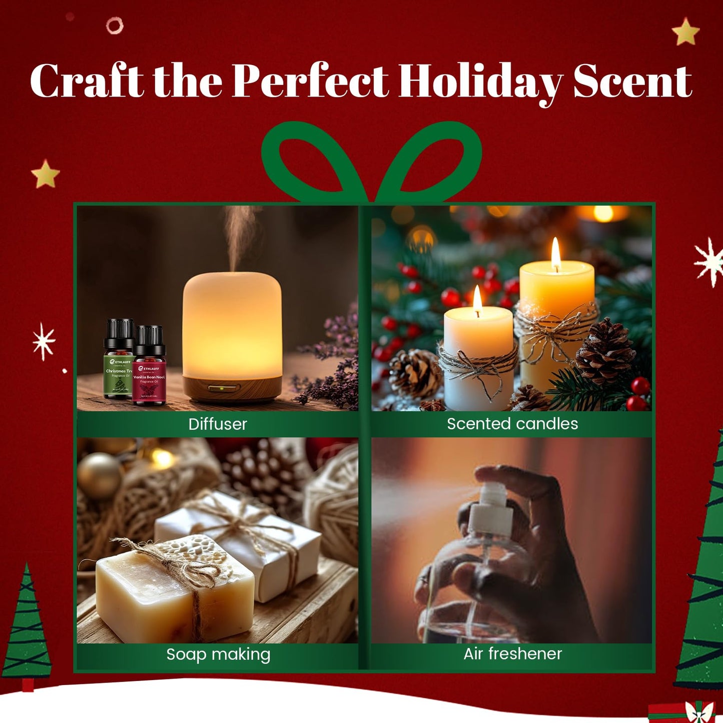 Fragrance Oil Christmas Set – Jingle Bells, Christmas Tree, Gingerbread & Vanilla Bean Noel for DIY Candles & Soap