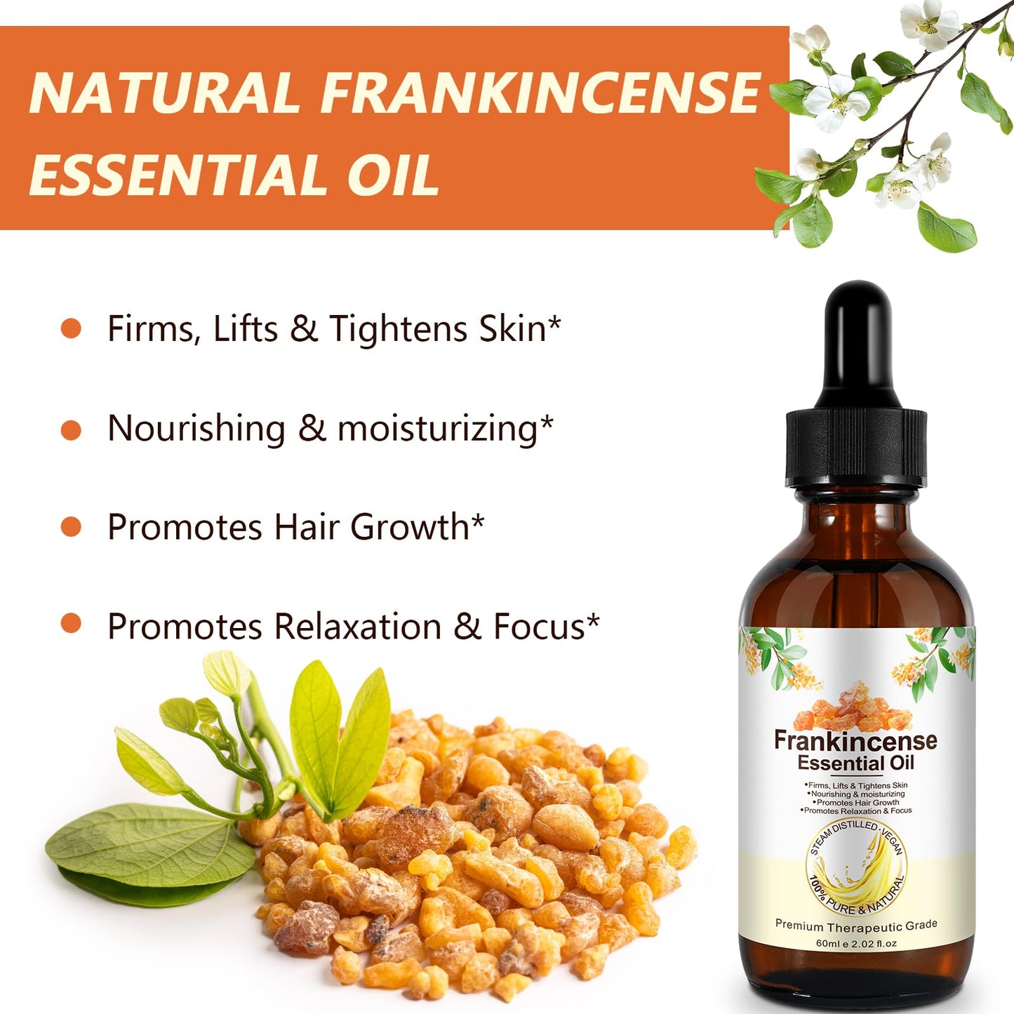 Frankincense Essential Oil - 100% Pure & Natural, Premium Grade for Skin, Hair & Diffusers (60 ml / 2.02 fl oz)