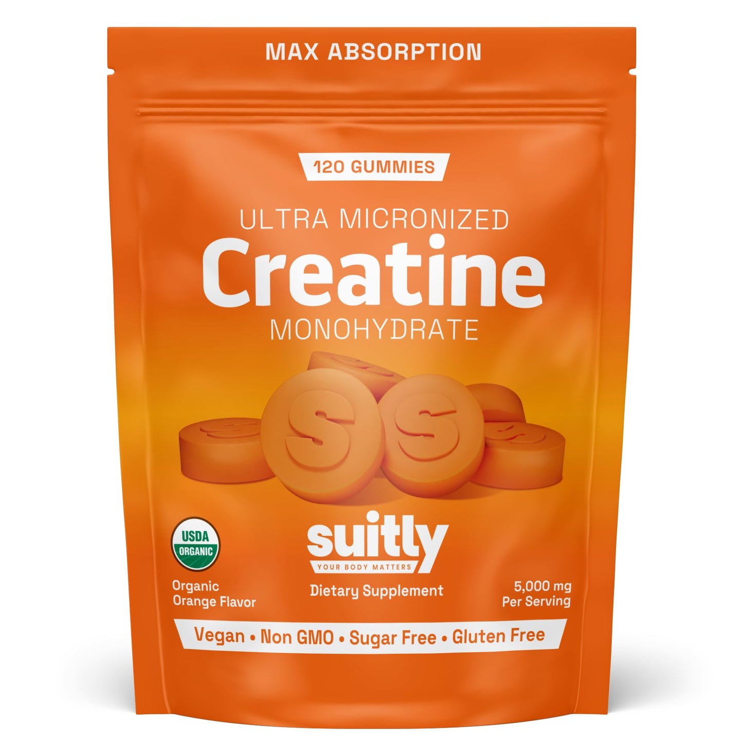 USDA Organic Ultra-Micronized Creatine Gummies – 5g Orange, Sugar Free (120 ct)