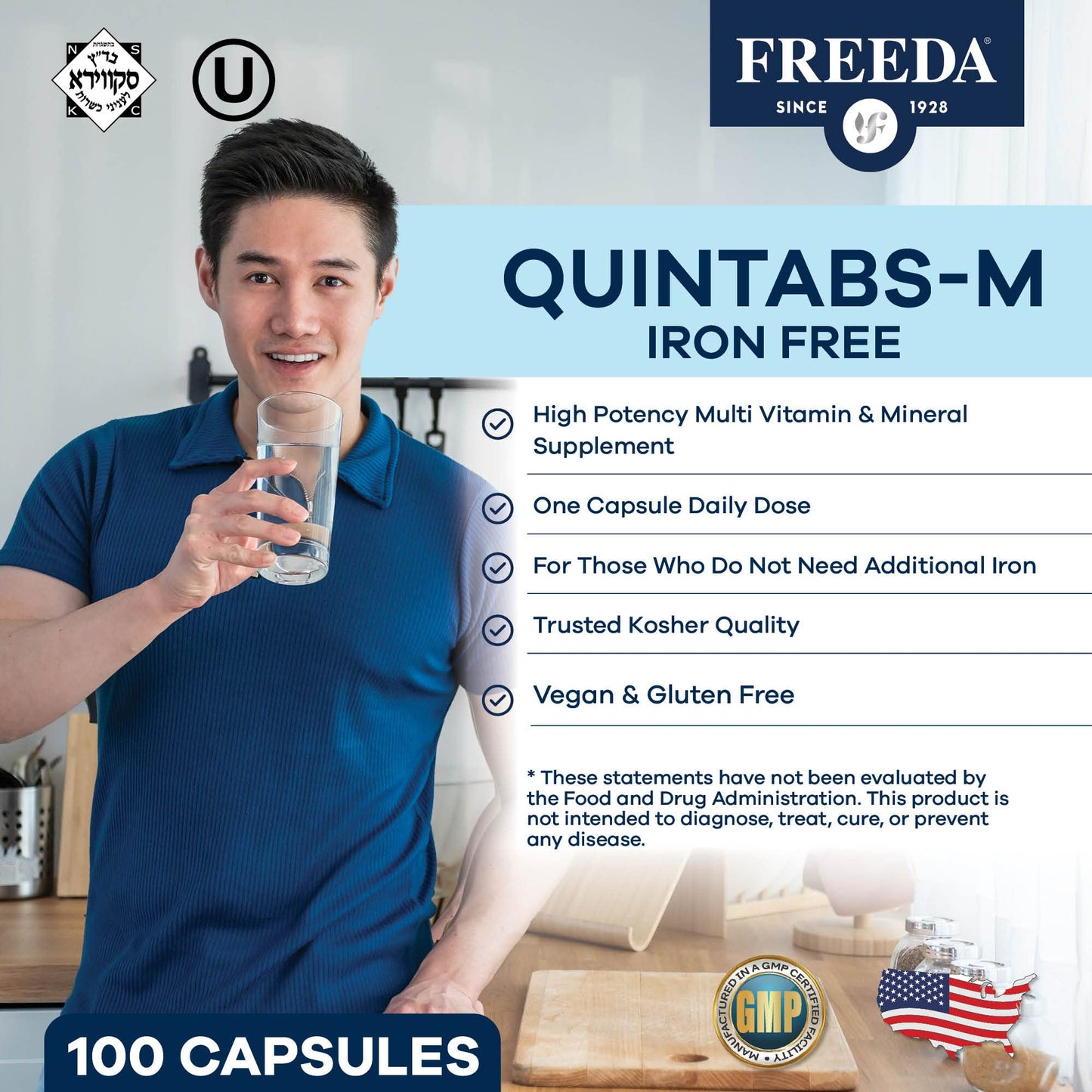 FREEDA Iron-Free Daily Multivitamin – Kosher, Gluten Free (250 Capsules)