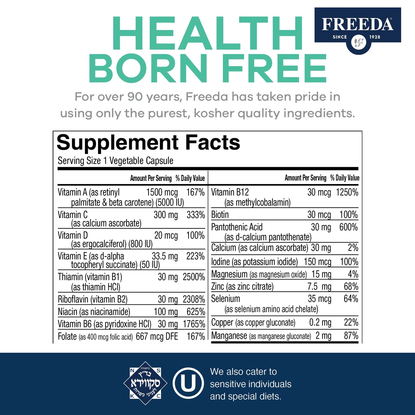 FREEDA Iron-Free Daily Multivitamin – Kosher, Gluten Free (250 Capsules)