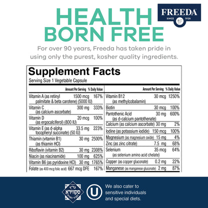 FREEDA Iron-Free Daily Multivitamin – Kosher, Gluten Free (250 Capsules)