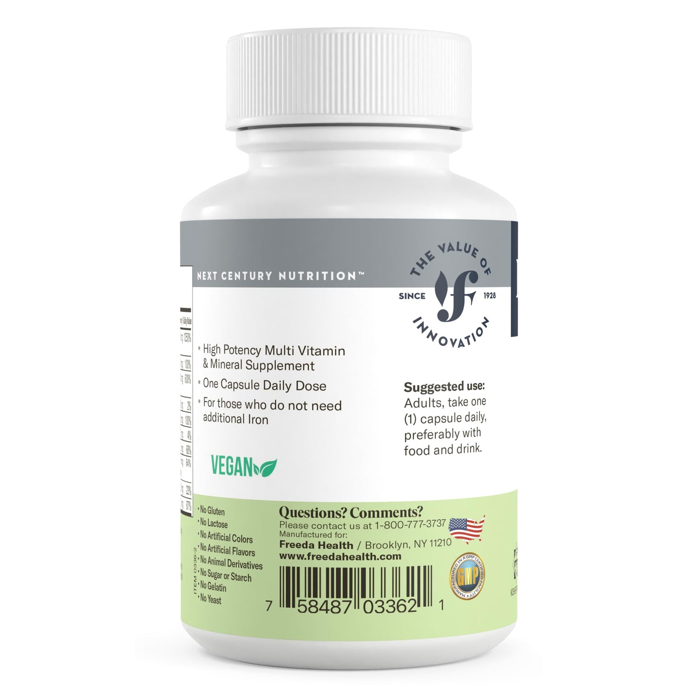 FREEDA Iron-Free Daily Multivitamin – Kosher, Gluten Free (250 Capsules)