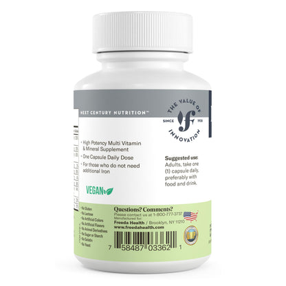 FREEDA Iron-Free Daily Multivitamin – Kosher, Gluten Free (250 Capsules)