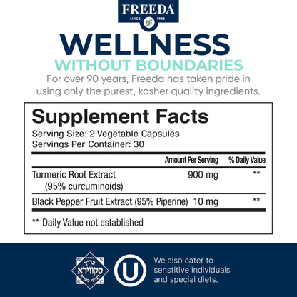 FREEDA Turmeric Curcumin with Black Pepper | 95% Curcuminoids - 60 Capsules