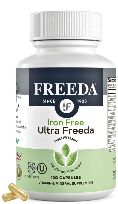 FREEDA Ultra Multivitamin Capsules – Iron-Free High-Potency Daily Supplement (120 Count) – Kosher Certified