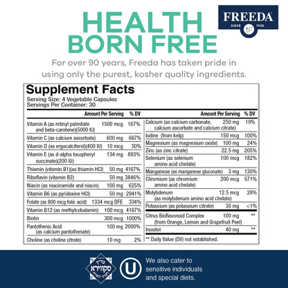 FREEDA Ultra Multivitamin Capsules – Iron-Free High-Potency Daily Supplement (120 Count) – Kosher Certified