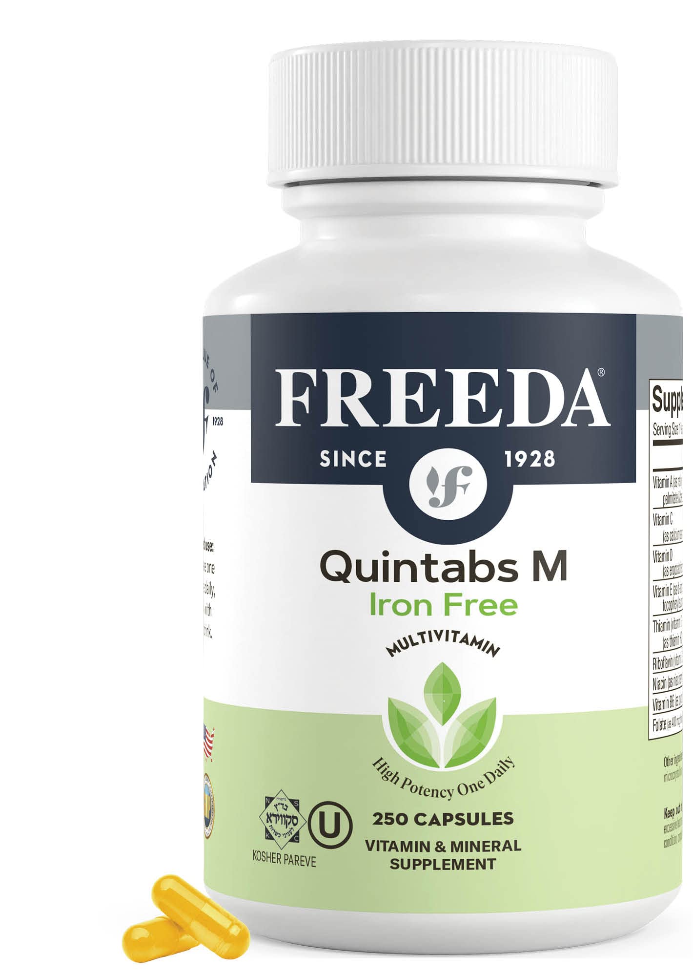 FREEDA Iron-Free Daily Multivitamin – Kosher, Gluten Free (250 Capsules)