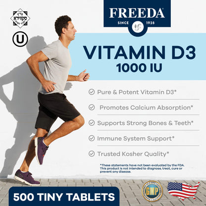 FREEDA Vitamin D3-1000 IU | Kosher High-Potency D3 Tablets (500 Count)