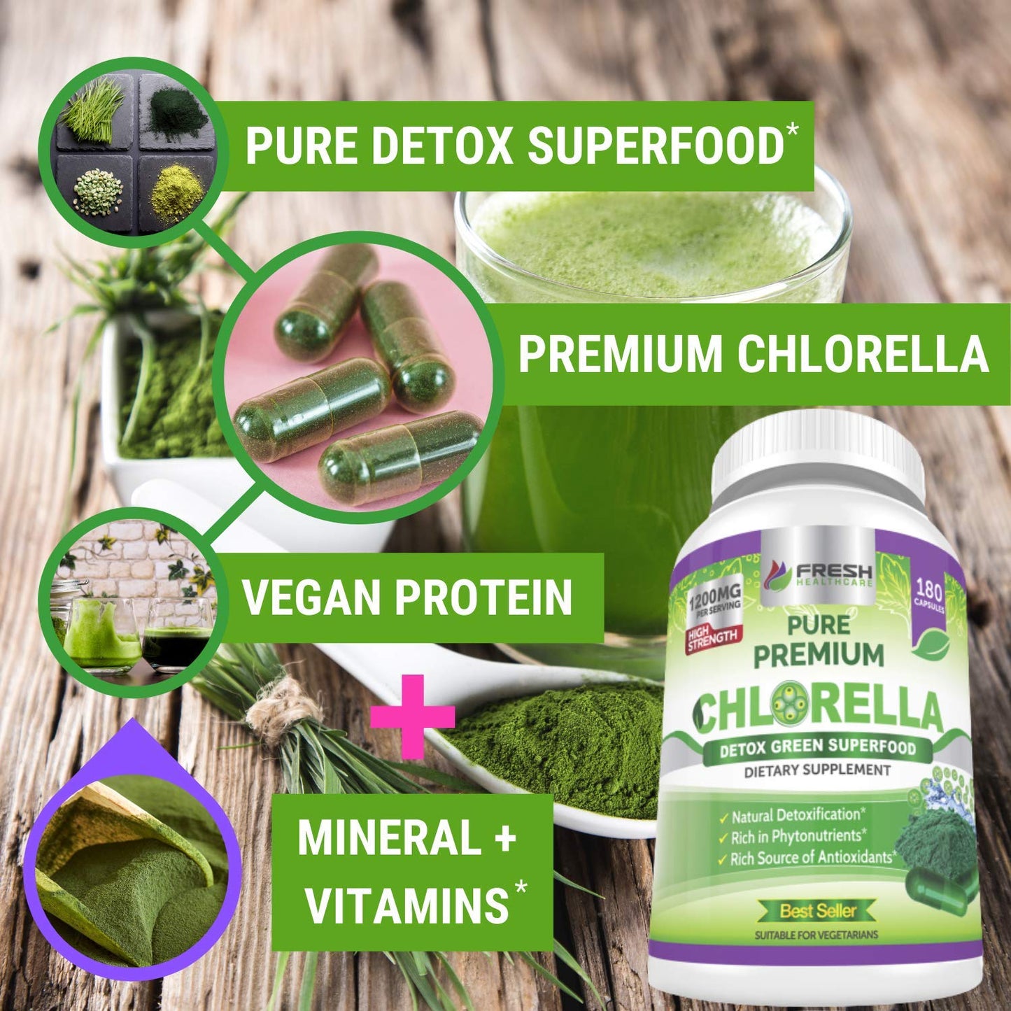 FRESH HEALTHCARE Premium Chlorella Supplement – 1200mg Vegan Capsules