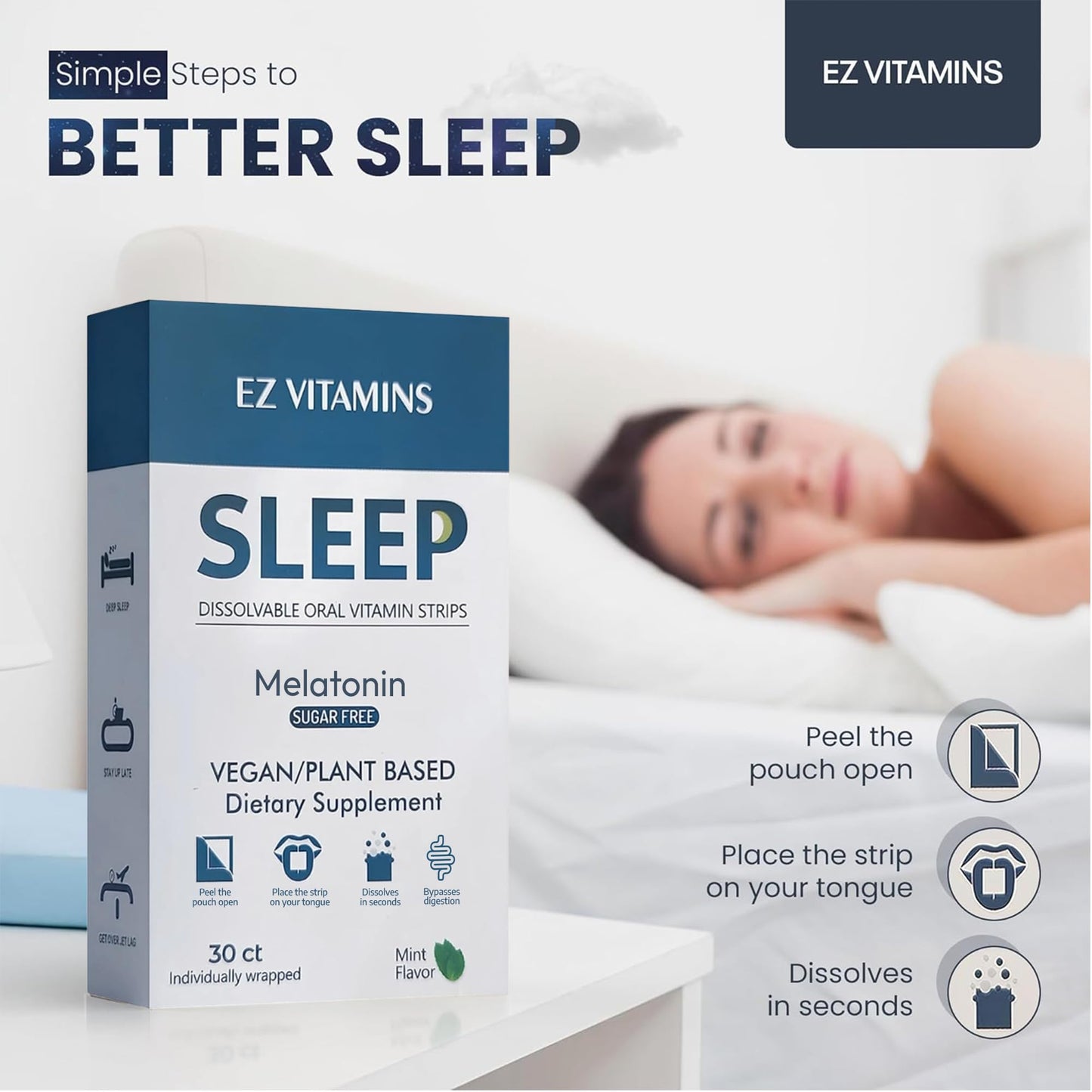 EZ VITAMINS Dissolvable Sleep Strips – 5 mg Melatonin, Valerian, L-Theanine, Vitamin B6 | Fresh Mint | 30ct
