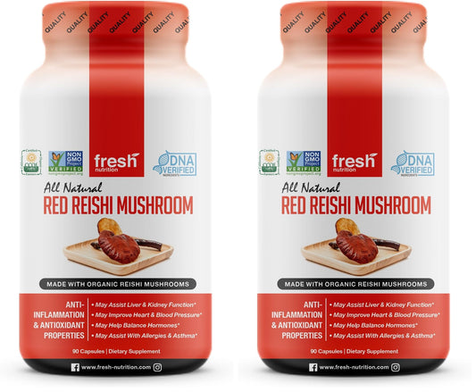 Fresh Nutrition Organic Reishi Mushroom Capsules – Alpha-Glucan Rich Ganoderma Lucidum, 1500mg Serving, Third-Party Tested – 90 Veggie Caps (Pack of 2)