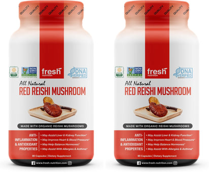Fresh Nutrition Organic Reishi Mushroom Capsules – Alpha-Glucan Rich Ganoderma Lucidum, 1500mg Serving, Third-Party Tested – 90 Veggie Caps (Pack of 2)