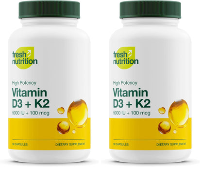 Fresh Nutrition Vegan Vitamin D3 + K2 Capsules – 5000 IU D3 + 100 mcg K2 MK-7 (Pack of 2)