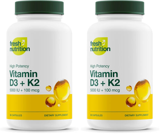 Fresh Nutrition Vegan Vitamin D3 + K2 Capsules – 5000 IU D3 + 100 mcg K2 MK-7 (Pack of 2)