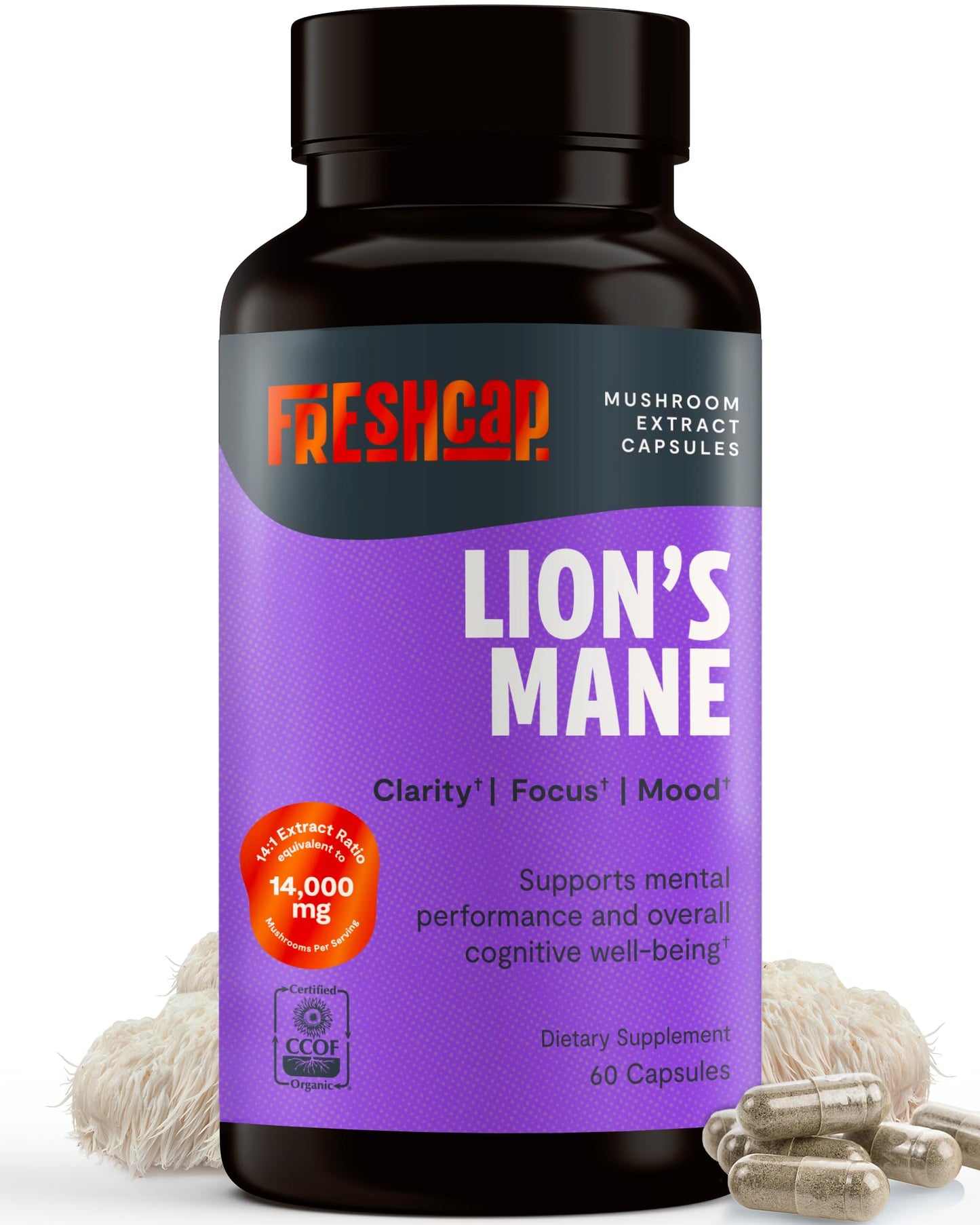 FreshCap Lions Mane 14,000 mg - 14:1 Triple-Extracted, 31% Beta-Glucans | Organic Vegan Capsules (60)