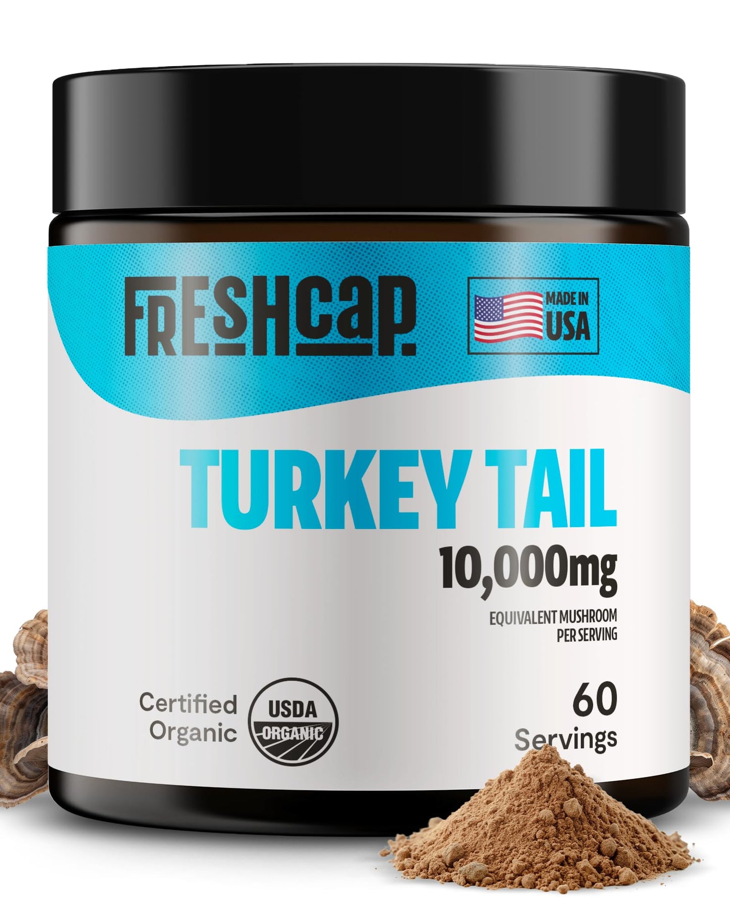 FreshCap Mushrooms Turkey Tail Mushroom Powder 10,000mg — Immune Support & Nootropic Extract (60 Servings)