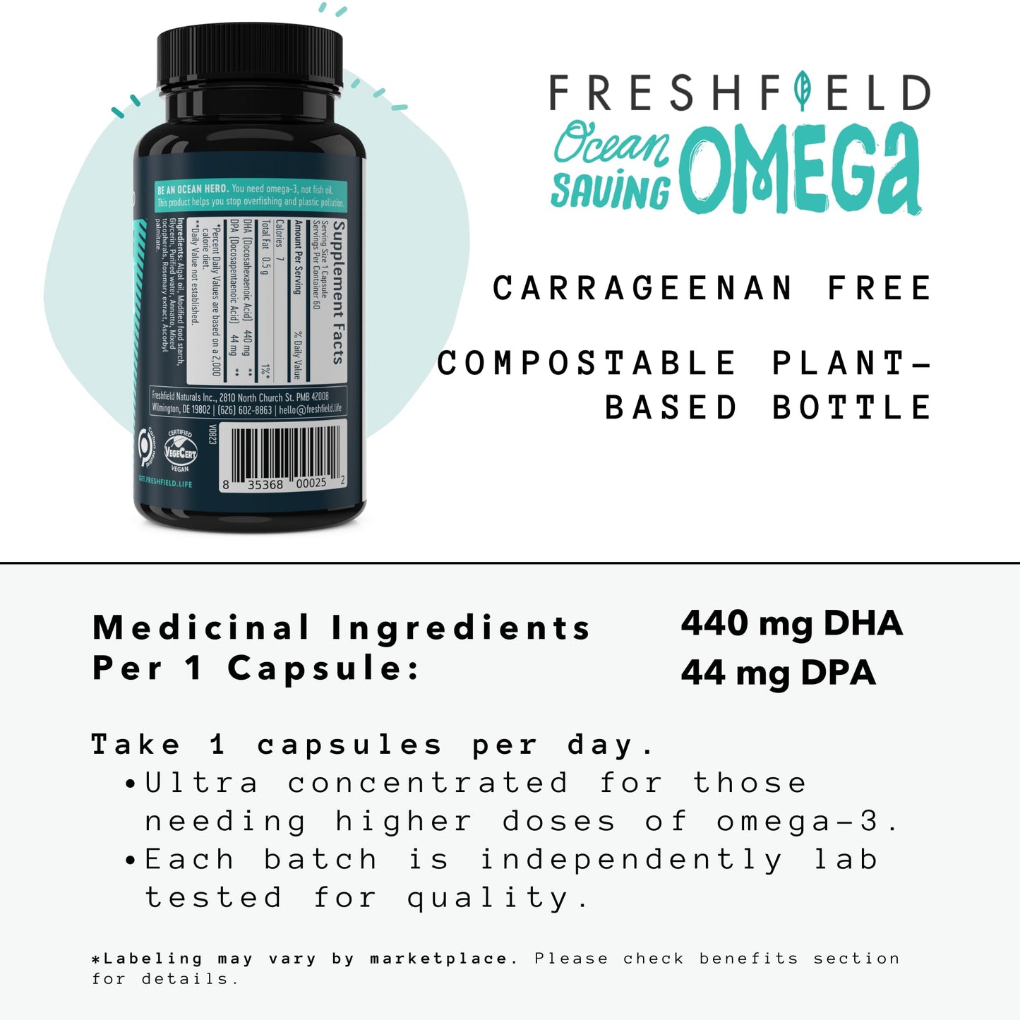 Freshfield Omega-3 DHA + DPA from Algae – Vegan, 440 mg DHA per Capsule