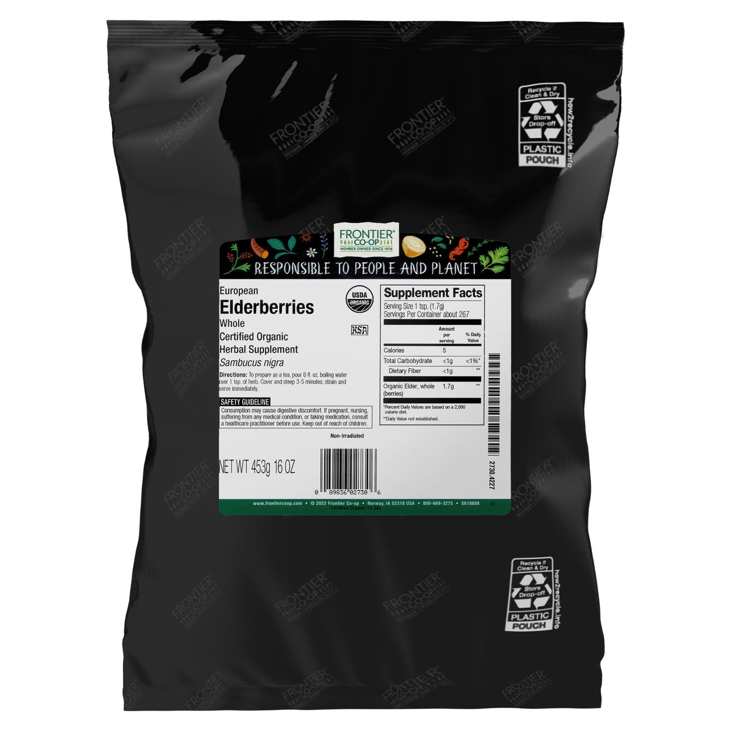 Frontier Co-op Organic Dried Elderberries, European Whole — Non-GMO, Kosher, 16 oz (Pack of 2)