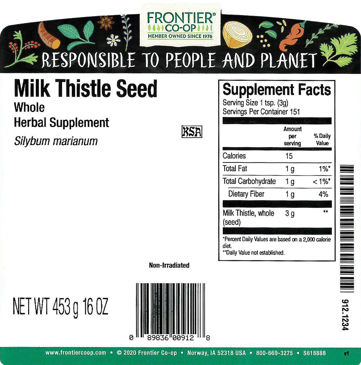 Frontier Milk Thistle Seed Whole - Bulk Silybum marianum | Liver Health & Culinary Use
