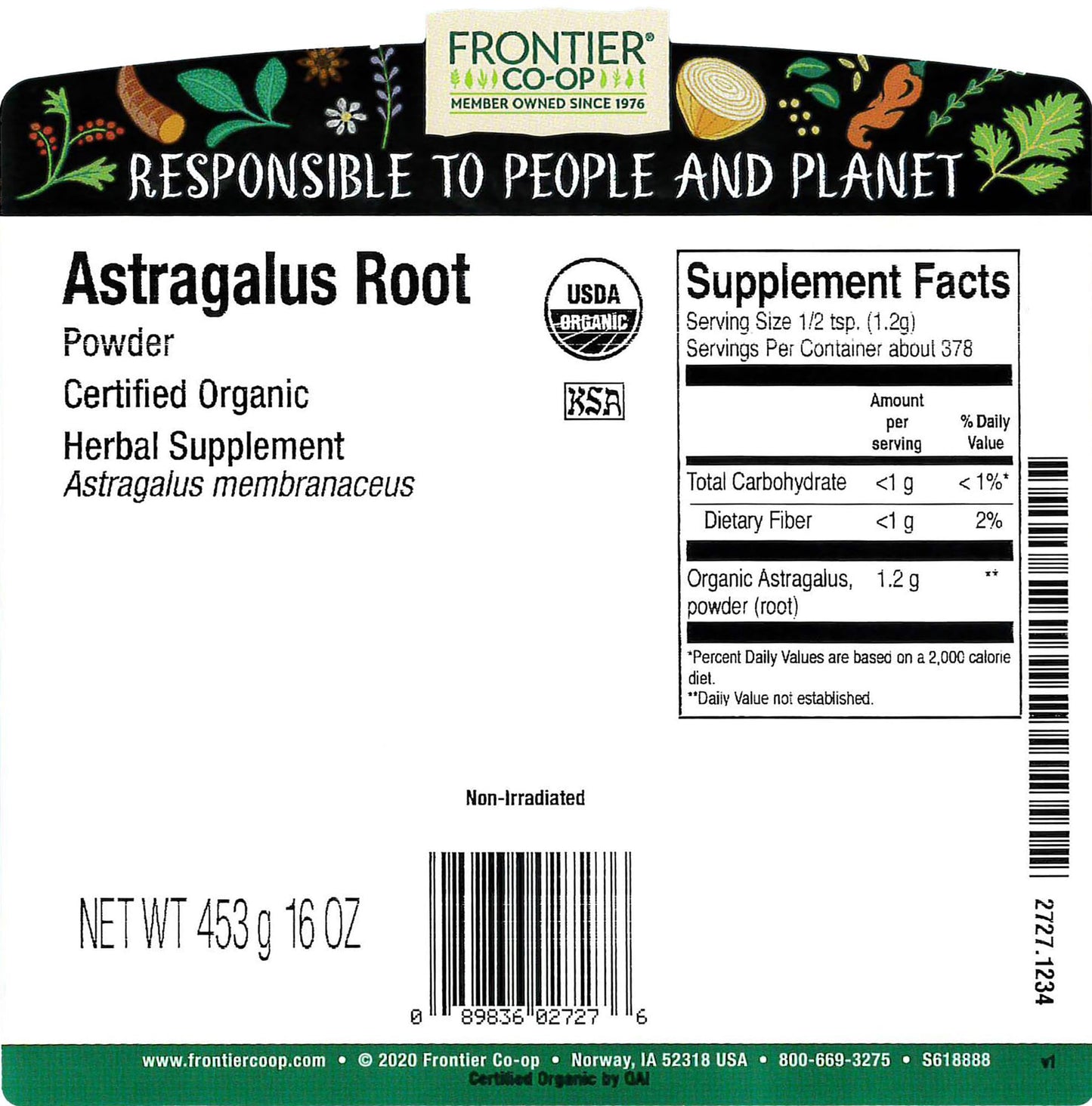 Frontier Co-op Organic Astragalus Root Powder 1lb | Certified Organic