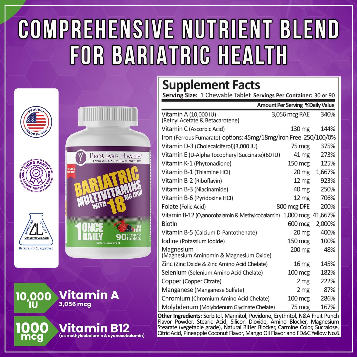 ProCare Health Bariatric Chewable Multivitamin with Iron 18mg (90 Tablets) - Fruit Punch Flavor - For Gastric Bypass & Sleeve Gastrectomy Patients* (3 Month Supply)