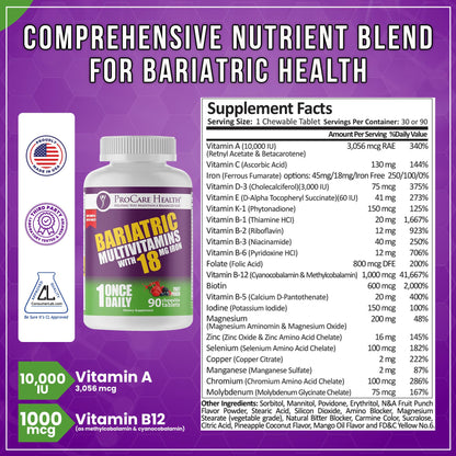ProCare Health Bariatric Chewable Multivitamin with Iron 18mg (90 Tablets) - Fruit Punch Flavor - For Gastric Bypass & Sleeve Gastrectomy Patients* (3 Month Supply)