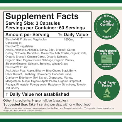 Double Wood Fruits & Veggies Supplement – Daily 49-Fruit & Veggie Blend, 1,500mg, 180 Capsules