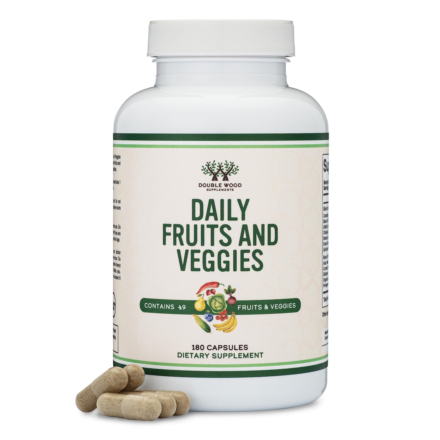 Double Wood Fruits & Veggies Supplement – Daily 49-Fruit & Veggie Blend, 1,500mg, 180 Capsules