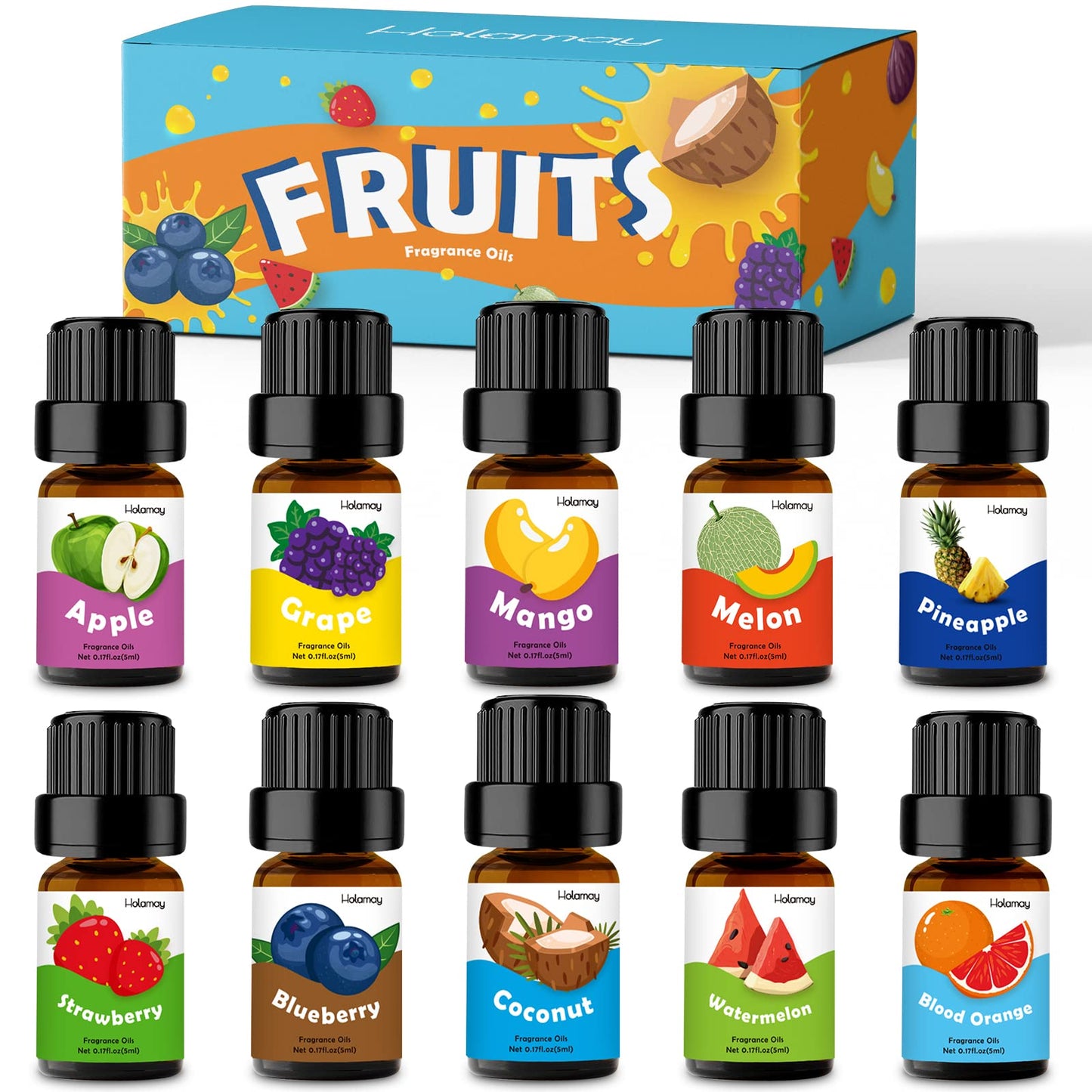 Fruity Fragrance Oils Set for Candle & Soap Making | Holamay Premium 10x5ml – Coconut, Strawberry, Mango, Pineapple & More