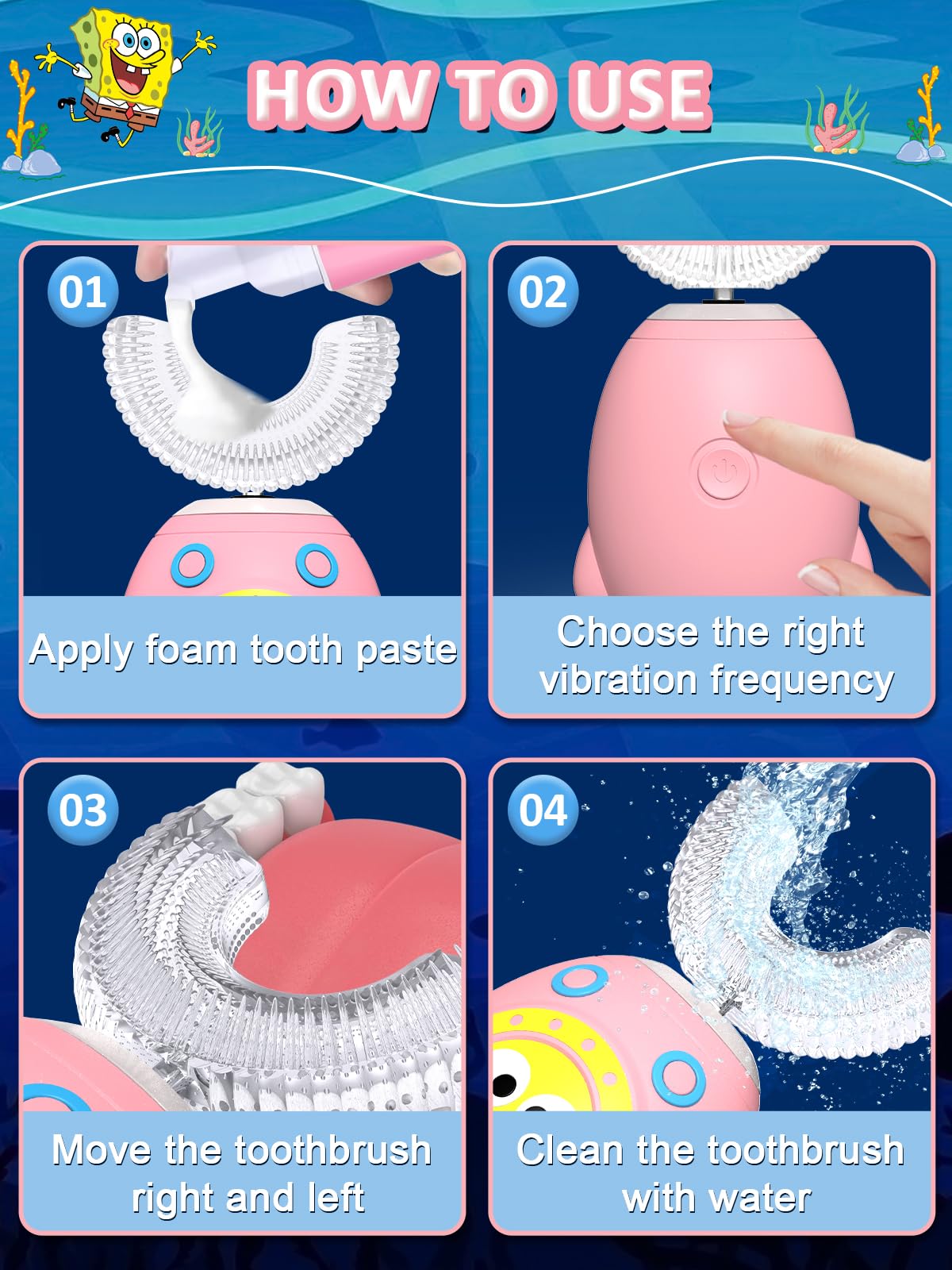 FTOYIN Kids U-Shaped Electric Toothbrush – 5 Modes, 45s Timer, IPX7 Waterproof