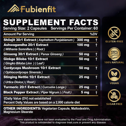 Fubienfit Shilajit Capsules – Premium Shilajit with Ashwagandha, Ginseng & Fulvic Acid (120 Capsules)