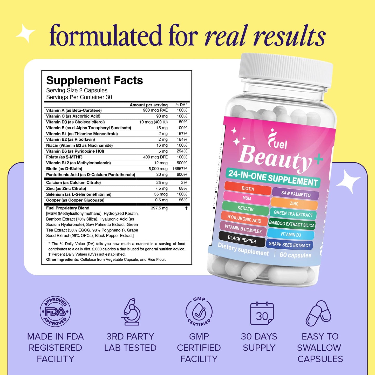Fuel Beauty+ 24-in-1 Hair, Skin & Nails Vitamins for Women – 60 Capsules