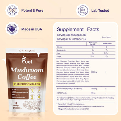 Fuel Nutrition Pro Collagen & Mushroom Coffee for Weight Loss | Low Caffeine Organic Instant Coffee